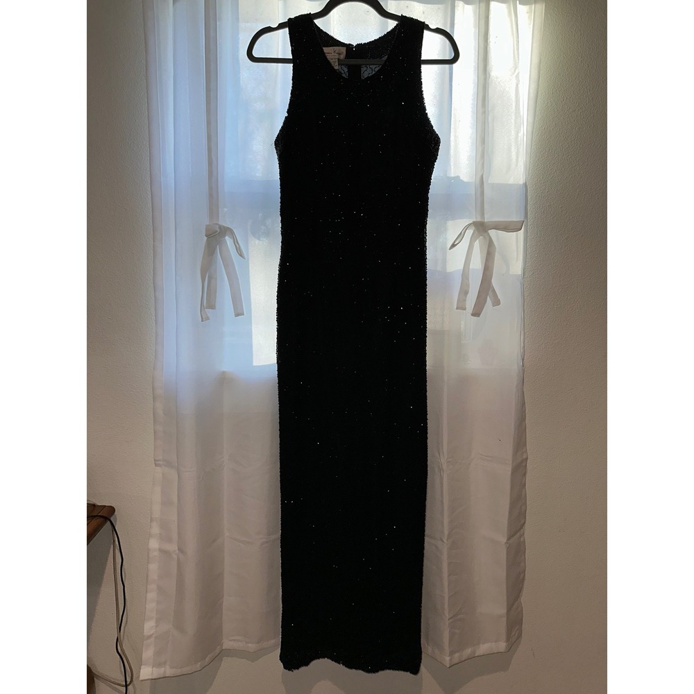 Vtg. Lawrence Kazar 100% Silk Black Beaded Evening Gown‎ Slit Sheath Size Small